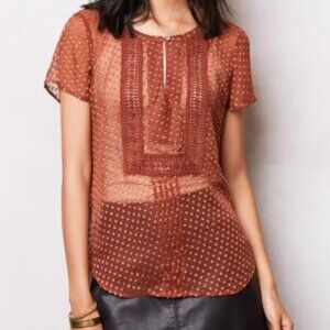 Anthropologie Rust Grassland Swiss Dot Pintuck Silk Short Sleeve Blouse Top